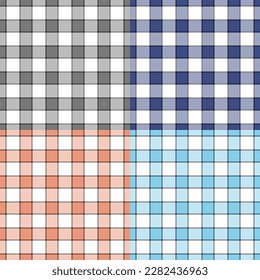 Four vector illustration Of a plaid, check pattern,  Grey, navy blue, light orange and light blue.  contrast beautifully on a white background. For background and textile fashion and other projects.