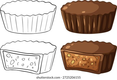 Cuatro Ilustraciones vectoriales de tazas de chocolate con mantequilla de maní, incluyendo secciones transversales y contornos en blanco y negro