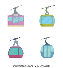 Four vector illustrations of colorful cable cars in a flat design style