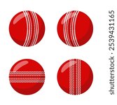 Four vector illustrations of cricket balls from different views, isolated on a white background, sports equipment