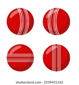 Four vector illustrations of cricket balls from different views, isolated on a white background, sports equipment