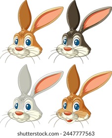 Cuatro Ilustraciones vectoriales de caras lindas de conejo