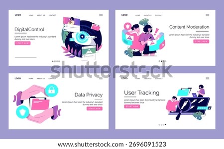 Four vector illustrations depict digital control, content moderation, data privacy, and user tracking. Each features engaging graphics representing modern digital themes and technology concepts.