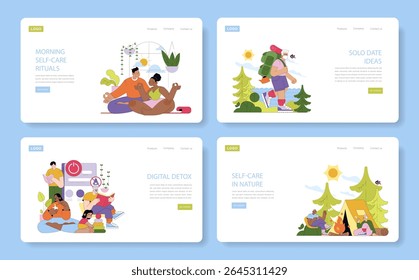 Four vector illustrations depict self-care and relaxation activities. Scenes include yoga, solo hikes, digital detox reading, and camping by a fire, each promoting wellness.