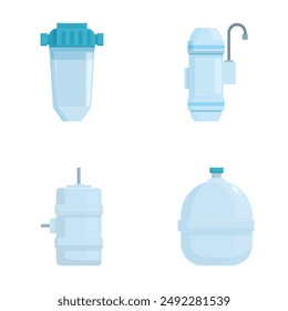 Four vector illustrations depicting different types of water filtration systems on a white background