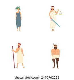 Four vector illustrations depicting greek mythological figures isolated on a white background