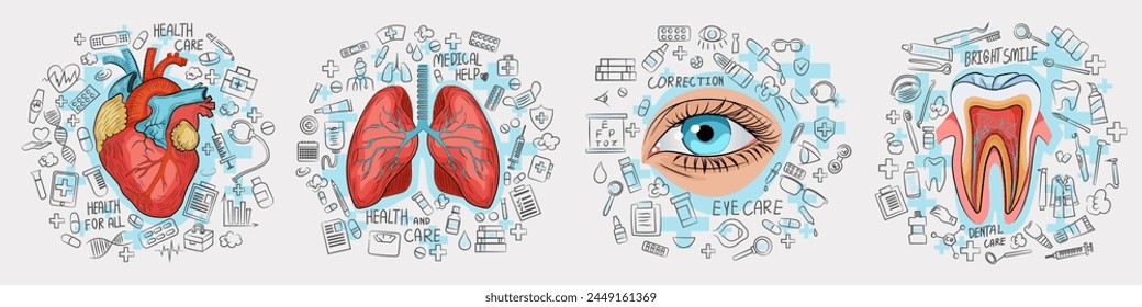 Four vector illustrations depicting human organs surrounded by health and medical icons on a light background, symbolizing healthcare concepts. Vector illustration