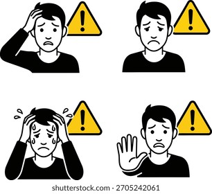 Cuatro Ilustraciones vectoriales que representan a un hombre que experimenta estrés, advertencias, alertas y problemas. Parece preocupado.