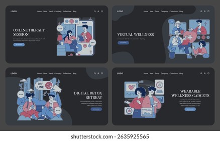 Four vector illustrations depicting online therapy, virtual wellness, digital detox, and wellness gadgets. Characters communicate and engage in therapeutic and wellness activities digitally.