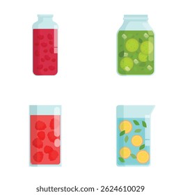 Four vector illustrations depicting refreshing fruitinfused water in clear containers
