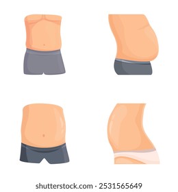 Cuatro Ilustraciones vectoriales que muestran torsos masculinos y femeninos de dibujos animados con diferentes Formas corporales