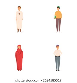 Four vector illustrations featuring diverse characters in different attire