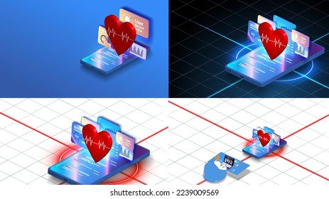 Four vector illustrations on the theme of medicine Online doctor and medical consultation. Pharmaceutical research laboratory with scientists working to develop