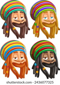 Four vector illustrations of Rastafarian characters smiling.