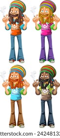 Four vector illustrations of Rastafarian figures.