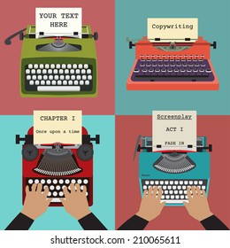 Four vector illustrations of retro typewriters. Concepts of writing, copywriting, screenwriting etc