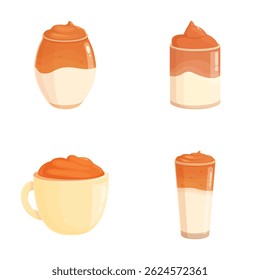 Four vector illustrations showcasing different creamy desserts and beverages with whipped topping