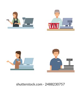 Four vector illustrations showing individuals in various checkout scenarios