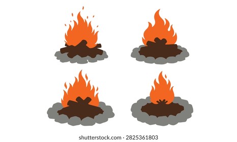 Four vector illustrations of stylized campfires with orange and red flames above dark wood and grey embers set against a