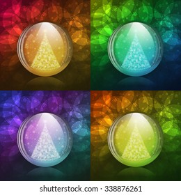 Four vector illustrations of a transparent luminescent snow globe with a christmas tree.