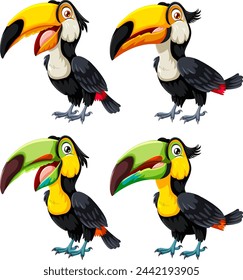 Cuatro ilustraciones vectoriales de tucanes vibrantes.