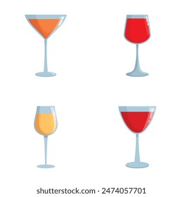 Four vector illustrations of wine glasses with different types of wine, isolated on white background