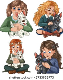 Quatro ilustrações vetoriais de meninas jovens interagindo alegremente com cães terrier brancos e pretos