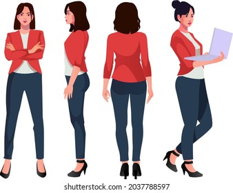 four vector images of a turning blonde business woman Front profile three quarter back pose