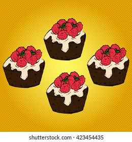 Four vector isolated sweet chocolate muffins in glaze with raspberries and mint in opposite corners of the image on a yellow retro background.