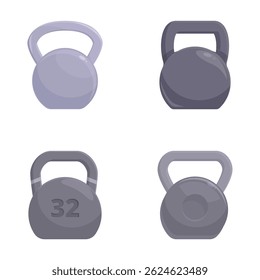 Four vector kettlebells in a flat design, varying weights for fitness themes