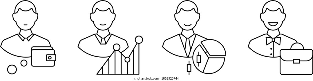 Four vector linear icons are the path of a successful broker investor from beginner to expert