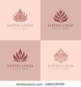 Vier Vektorgrafiken-Logodesigns mit Lotusblüten, die Reinheit und Erleuchtung symbolisieren. Perfekt für Wellnessmarken und spirituelle Bemühungen, die Eleganz und Ruhe verkörpern.