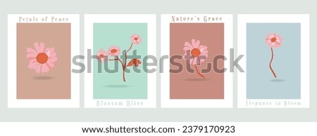 Four vector minimalistic banners with plant parts of the common garden flowers. Fully colored flowers on the colored background. Illustrations for greeting cards, invitations, interior design, etc.