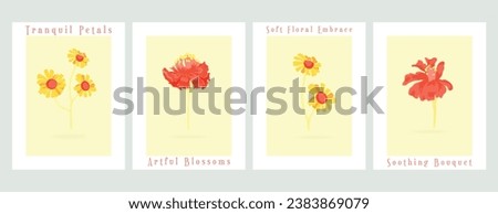 Four vector minimalistic banners with plant parts of the common garden flowers. Fully colored flowers on the colored background. Illustrations for greeting cards, invitations, interior design, etc.