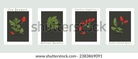 Four vector minimalistic banners with plant parts of the common garden flowers. Fully colored flowers on the colored background. Illustrations for greeting cards, invitations, interior design, etc.