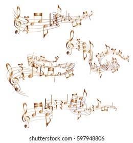Four vector musical scores with abstract shapes. Vector curly musical scores.