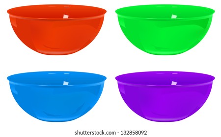 cuatro recipientes vectoriales de plástico de varios colores, malla degradada utilizada, versión rasterizada disponible