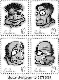 Four vector postage stamps with invented faces.