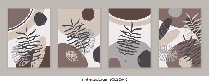 CUATRO POSTADORES DE VECTOR CON HOJAS TROPICALES EN COLORES DE PASTEL