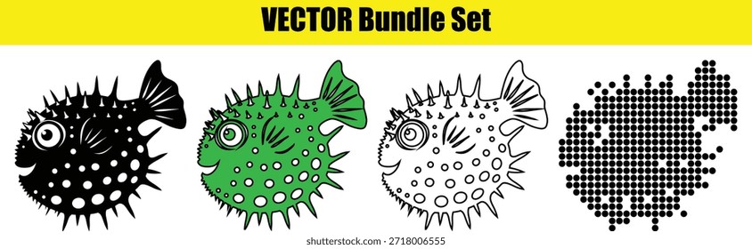 Cuatro peces globo de Vector en varios estilos aislados sobre fondo transparente