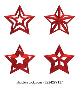 Four vector red cut out Christmas decorative five pointed stars on a white background.