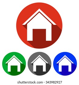four vector round icons with house buildings for shopping, red ,blue, green, black with shadow