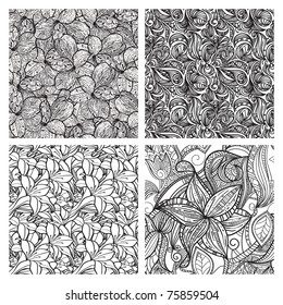 four vector seamless  floral monochrome patterns, clipping masks