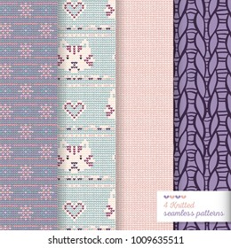 Four vector seamless knitted pattern for backgrond with pale colors, one with stitched cat