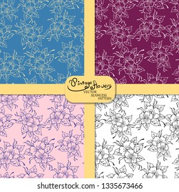 Four vector seamless pattern. Botanical hand drawn illustration. Spring flowers on different color backgrounds. Pastel colors. Great for room decor, card design, wallpaper, wrapping, fabric, packaging