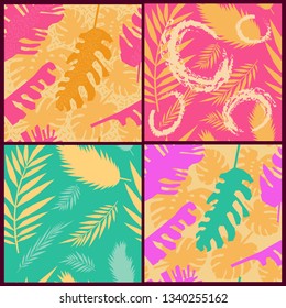 Four vector seamless pattern with monstera and palm leaves. Modern jungle background for wallpaper, fabric, prints, cards, packaging. Summer illustration with Tropical exotic leaves.