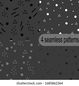 Four vector seamless patterns. Stile minimalism. Two colors.  Dark gray background and Black/White and light/dark gray decorative elements. Great for wallpaper, textile, fabric, wrapping paper. 