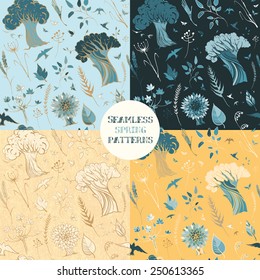 Four vector seamless spring patterns with trees, grass, flowers, leaves, buds, birds, butterflies. Retro style illustration of plants, birds and butterflies. eps 10