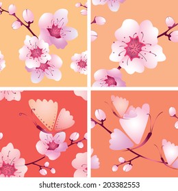 Four vector seamless texture with branches of white flowers and butterflies on orange, pink and red backgrounds