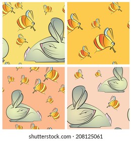 Four vector seamless texture with rabbit and bees on colorful backgrounds for children